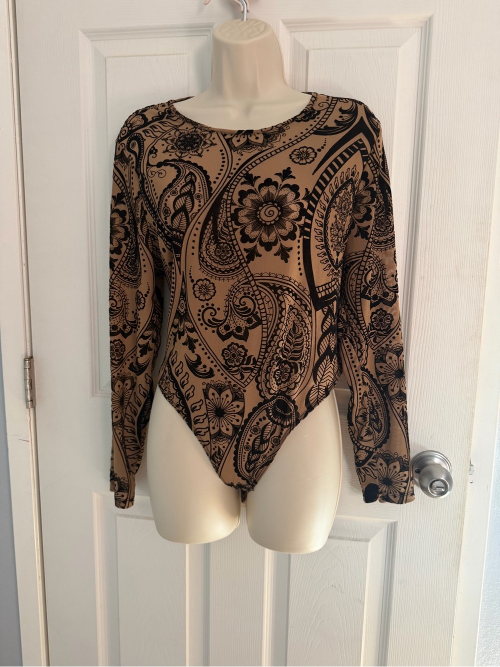 SHEIN Black Paisley Print Mesh  Long-Sleeve Bodysuit  - 1XL